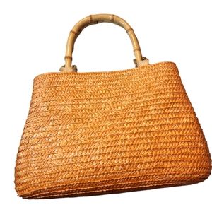 Handbag Wheat Straw Bamboo Handles Orange Womens